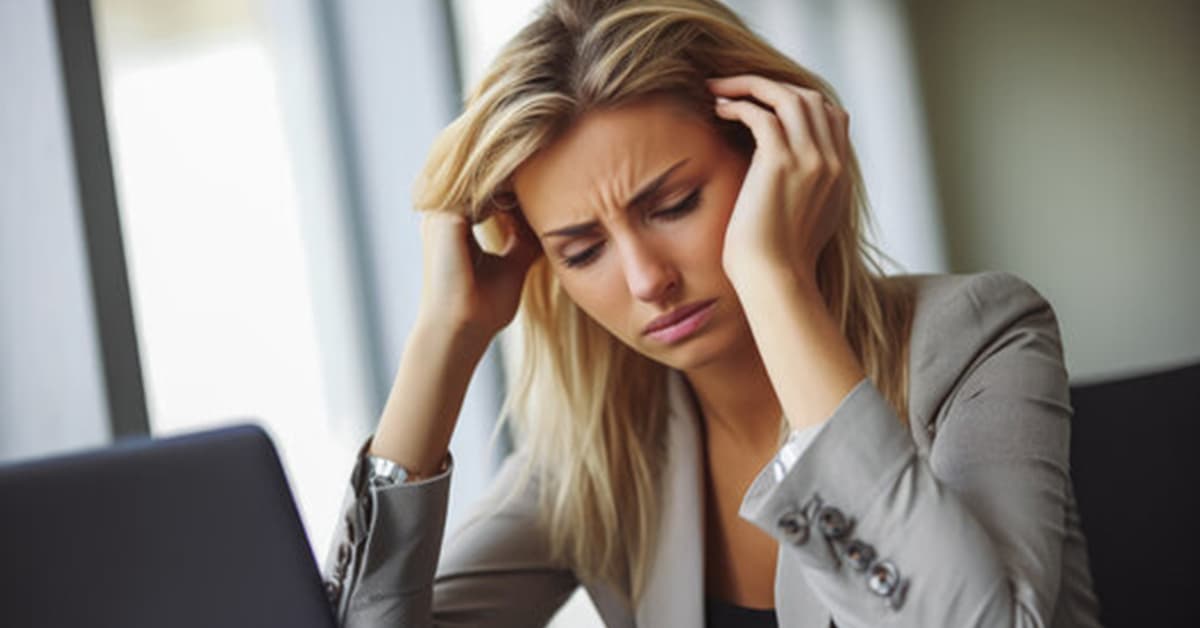 a woman sitting in front of laptop with mental exhaustion at work